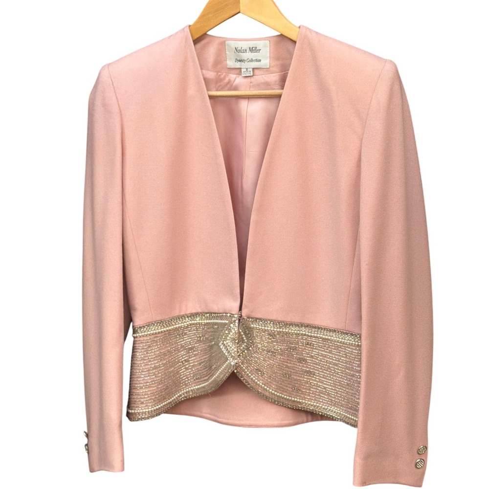Vintage Nolan Miller Dynasty Collection Pink Wool Beaded Blazer Glam Formal 80s
